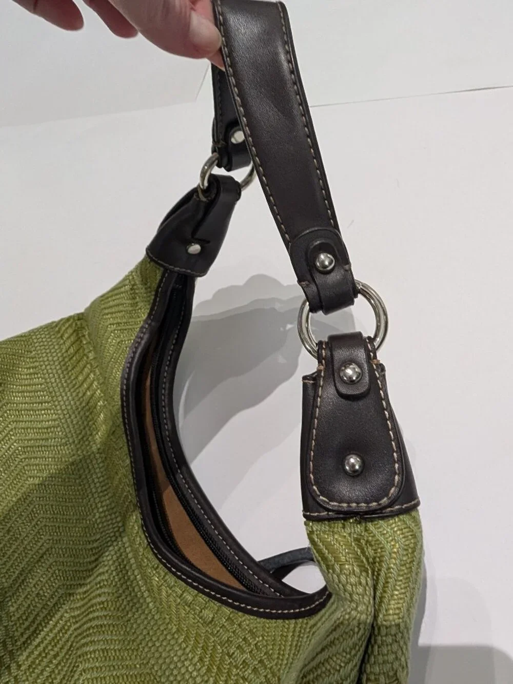 Worthington Green Cotton Woven Hobo Shoulder Bag with Brown Leather Accents